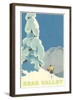 Big Snowy Pine Tree and Skier, Bear Valley-null-Framed Art Print