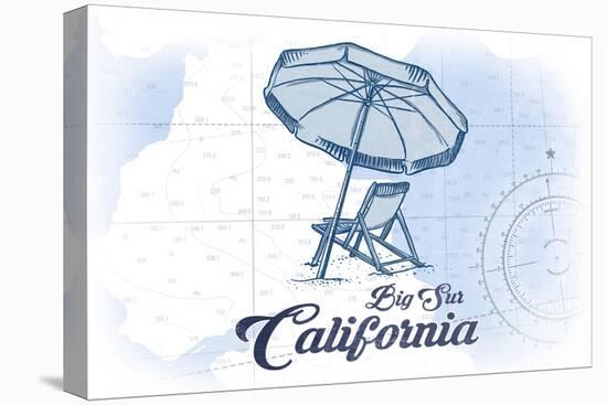 Big Sur, California - Beach Chair and Umbrella - Blue - Coastal Icon-Lantern Press-Stretched Canvas