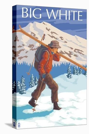 Big White - Skier Carrying-Lantern Press-Stretched Canvas