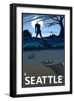 Bigfoot Scene in Seattle, WA-Lantern Press-Framed Art Print