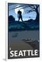 Bigfoot Scene in Seattle, WA-Lantern Press-Framed Art Print