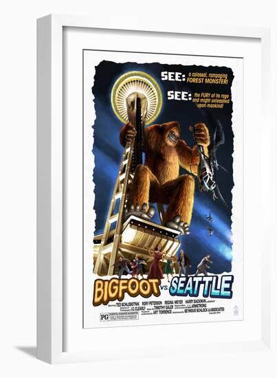 Bigfoot vs Seattle - Seattle, Washington-Lantern Press-Framed Art Print