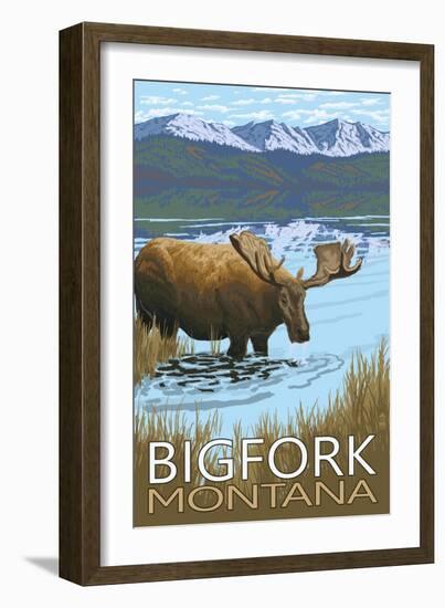 Bigfork, Montana - Moose and Lake-Lantern Press-Framed Art Print