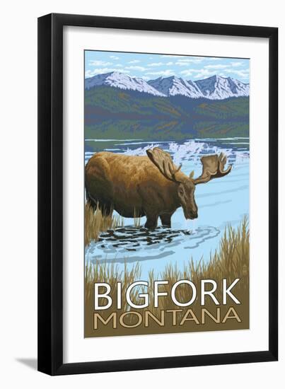 Bigfork, Montana - Moose and Lake-Lantern Press-Framed Art Print