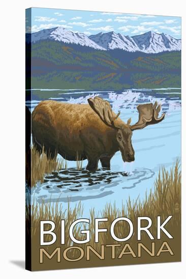 Bigfork, Montana - Moose and Lake-Lantern Press-Stretched Canvas