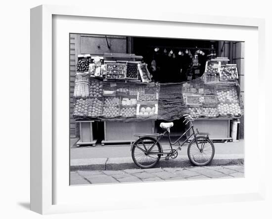 Bike Parked in Front of Fruit Stand, Lombardia, Milan, Italy-Walter Bibikow-Framed Photographic Print