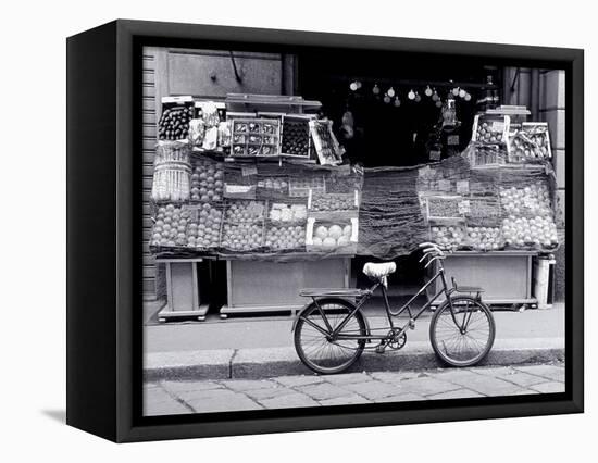 Bike Parked in Front of Fruit Stand, Lombardia, Milan, Italy-Walter Bibikow-Framed Stretched Canvas