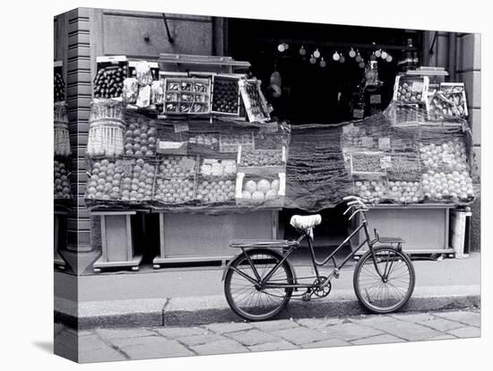 Bike Parked in Front of Fruit Stand, Lombardia, Milan, Italy-Walter Bibikow-Stretched Canvas