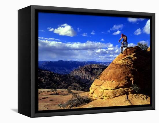 Biker Challenges Slickrock near Rockville, Utah, USA-Howie Garber-Framed Stretched Canvas