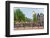 Bikes and houses along canal at dusk at intersection of Herengracht and Brouwersgracht, Amsterda...-null-Framed Photographic Print
