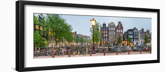 Bikes and Houses Along Canal at Dusk at Intersection of Herengracht and Brouwersgracht-null-Framed Premium Photographic Print