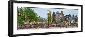 Bikes and Houses Along Canal at Dusk at Intersection of Herengracht and Brouwersgracht-null-Framed Photographic Print