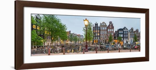 Bikes and Houses Along Canal at Dusk at Intersection of Herengracht and Brouwersgracht-null-Framed Photographic Print