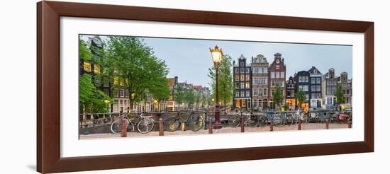 Bikes and Houses Along Canal at Dusk at Intersection of Herengracht and Brouwersgracht-null-Framed Photographic Print