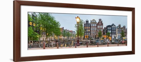 Bikes and Houses Along Canal at Dusk at Intersection of Herengracht and Brouwersgracht-null-Framed Photographic Print