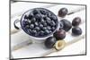 Bilberries and Plums with Enamel Dishes-Andrea Haase-Mounted Photographic Print