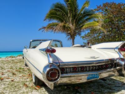 Classic 1959 White Cadillac Auto on Beautiful Beach of Veradara, Cuba