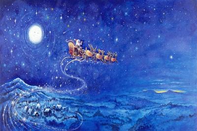 Santa in Night Sky over Winter Village in Sleigh Pulled by Reindeer