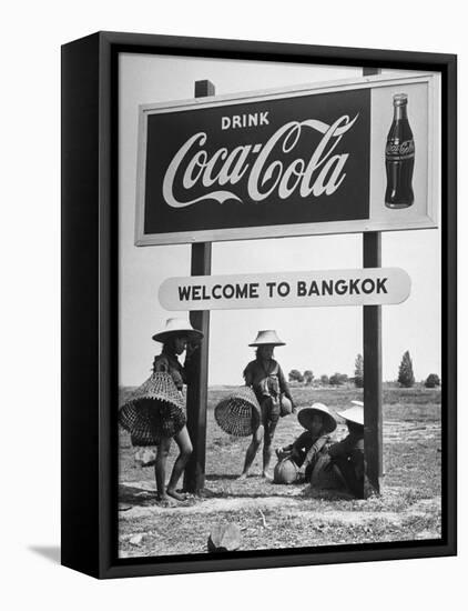 Billboard Advertising Coca Cola at Outskirts of Bangkok with Welcoming Sign "Welcome to Bangkok"-Dmitri Kessel-Framed Stretched Canvas