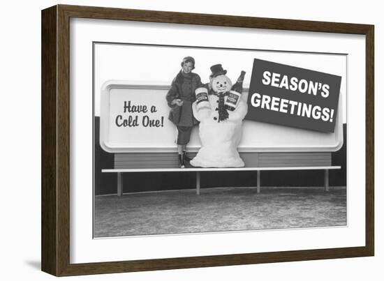 Billboard of Snowman with Beer-null-Framed Art Print