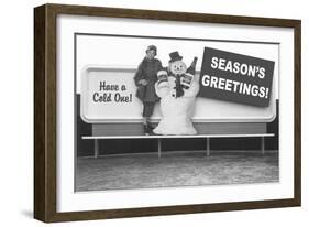 Billboard of Snowman with Beer-null-Framed Art Print