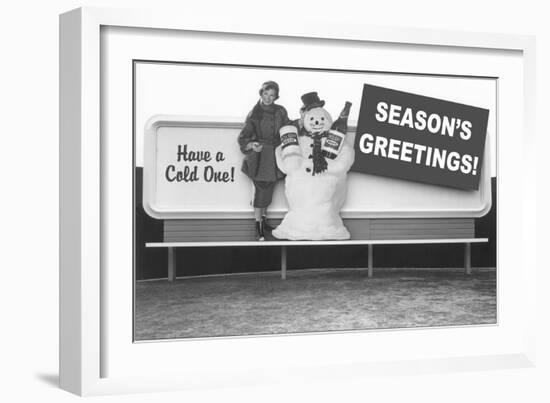 Billboard of Snowman with Beer-null-Framed Art Print
