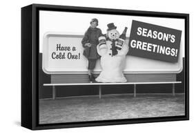Billboard of Snowman with Beer-null-Framed Stretched Canvas