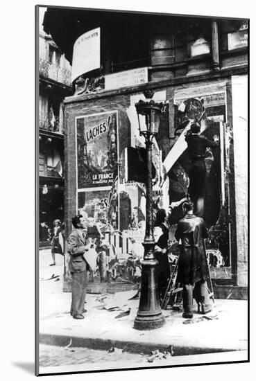 Billboard with Men Putting Up Propaganda Posters, Paris, World War II, 1939-1945-null-Mounted Giclee Print