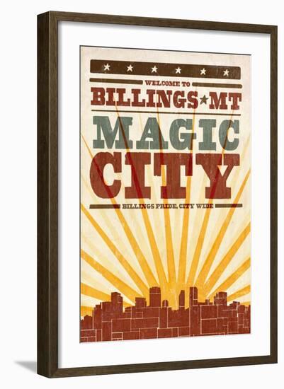 Billings, Montana - Skyline and Sunburst Screenprint Style-Lantern Press-Framed Art Print