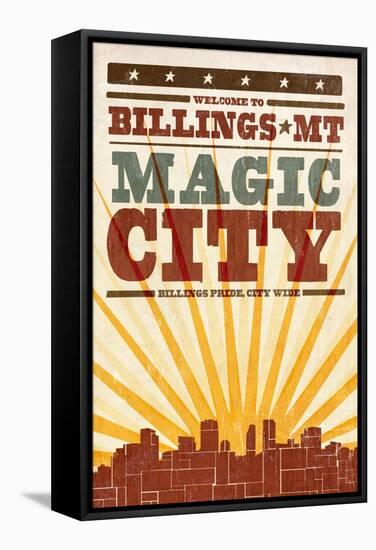 Billings, Montana - Skyline and Sunburst Screenprint Style-Lantern Press-Framed Stretched Canvas