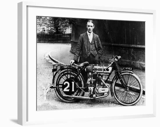 Billy Jones with an Ajs Motorbike, 1914-null-Framed Photographic Print