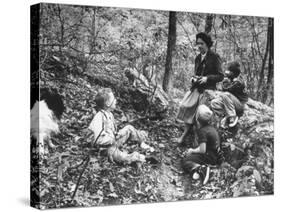 Biologist/Author Rachel Carson Holding Camera with Children and Dog in Woods Near Her Home-Alfred Eisenstaedt-Stretched Canvas