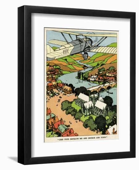 Biplane Above Church and Town-null-Framed Photographic Print