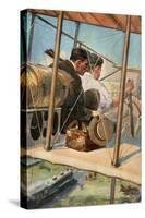 Biplane with Pilot and Passenger Flying Over a Locomotive, 1910-null-Stretched Canvas