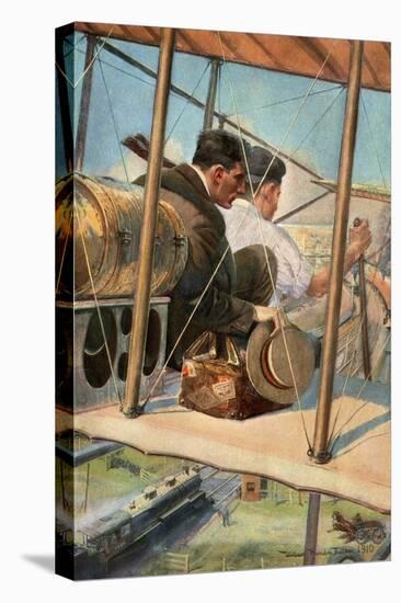 Biplane with Pilot and Passenger Flying Over a Locomotive, 1910-null-Stretched Canvas