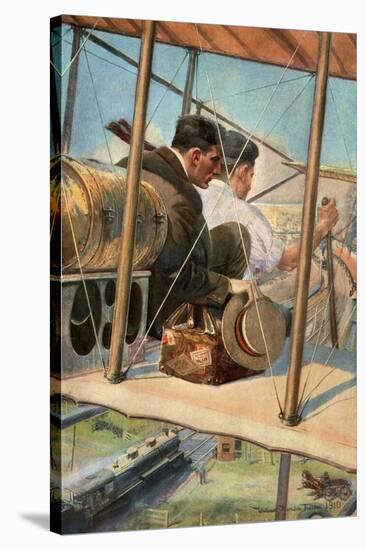 Biplane with Pilot and Passenger Flying Over a Locomotive, 1910-null-Stretched Canvas