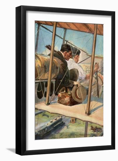 Biplane with Pilot and Passenger Flying Over a Locomotive, 1910-null-Framed Giclee Print