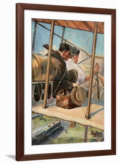 Biplane with Pilot and Passenger Flying Over a Locomotive, 1910-null-Framed Giclee Print