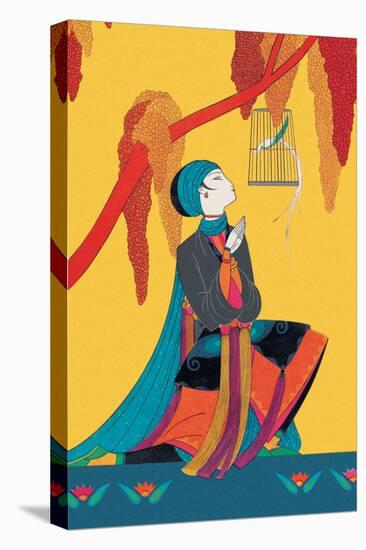 Bird and Kneeling Girl-null-Stretched Canvas