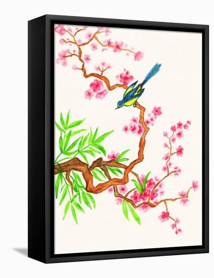 Bird on Branch with Pink Flowers, Painting-Iva Afonskaya-Framed Stretched Canvas