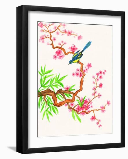 Bird on Branch with Pink Flowers, Painting-Iva Afonskaya-Framed Art Print