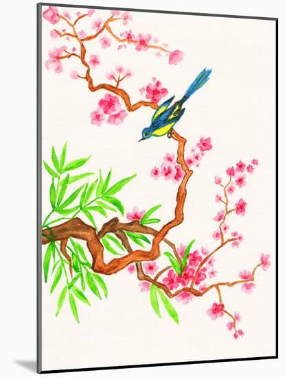 Bird on Branch with Pink Flowers, Painting-Iva Afonskaya-Mounted Art Print