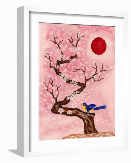 Bird on Branch with White Flowers, Painting-Iva Afonskaya-Framed Art Print