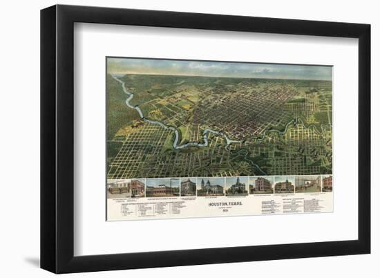 Bird’s Eye Map of Houston, Texas, 1891-Vintage Reproduction-Framed Art Print