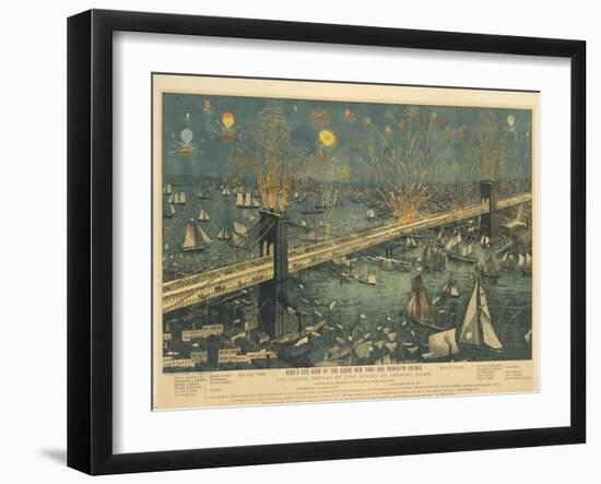 Bird's-Eye View of the Great New York and Brooklyn Bridge and Grand Display of Fireworks, 1883-American School-Framed Giclee Print