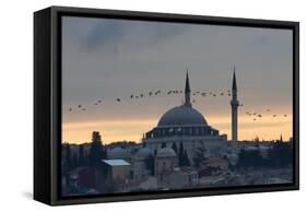 Birds Fly by a Mosque at Sunset-Alex Saberi-Framed Stretched Canvas