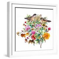 Birds in a Floral Bush-Lauren Wan-Framed Giclee Print