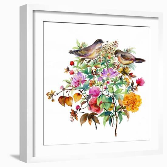 Birds in a Floral Bush-Lauren Wan-Framed Giclee Print