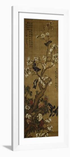 Birds in Flight and Perched on Blossoming Magnolia Branches-null-Framed Giclee Print