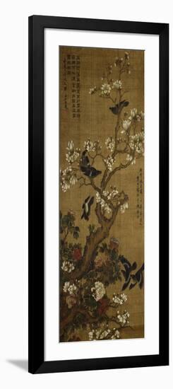 Birds in Flight and Perched on Blossoming Magnolia Branches-null-Framed Giclee Print